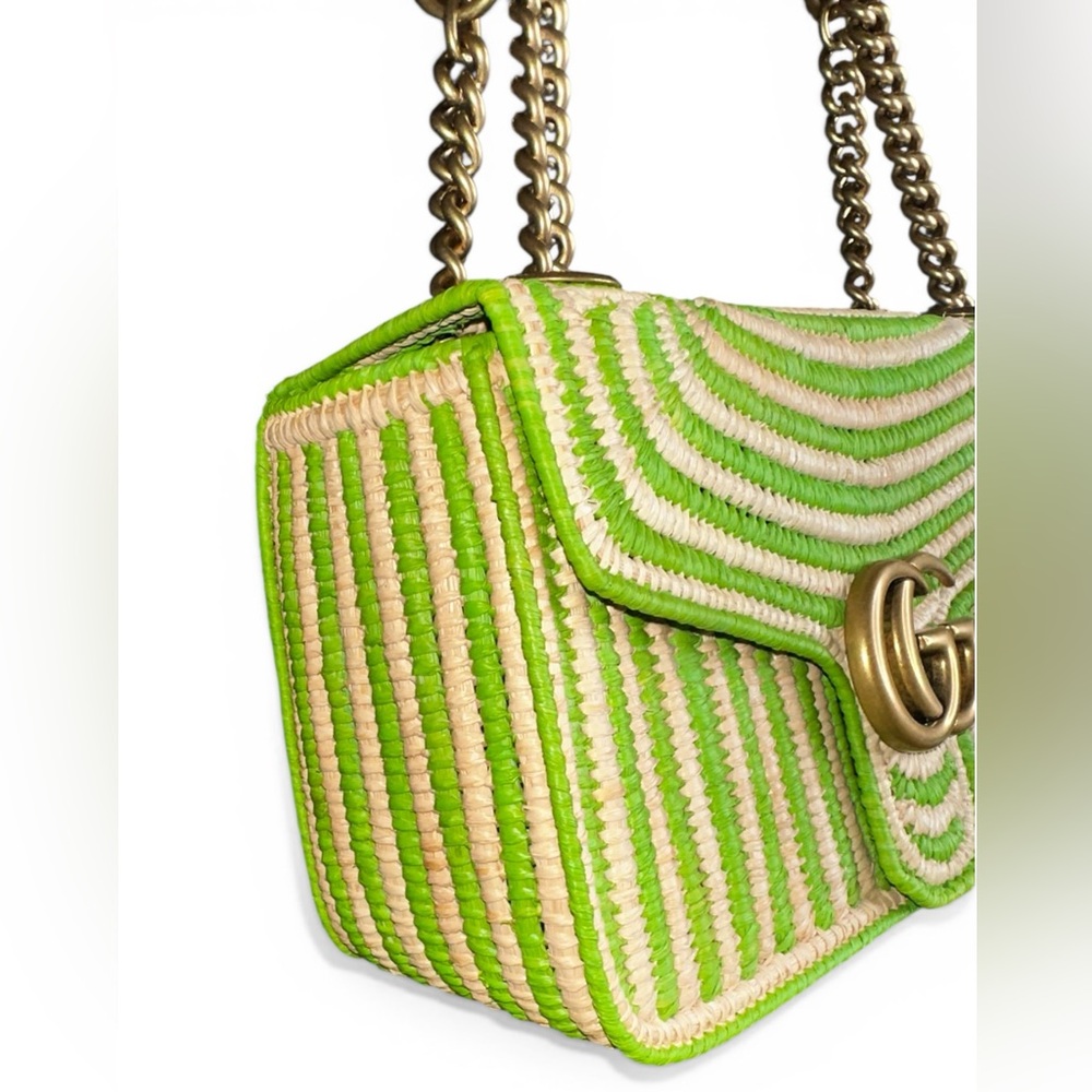 Gucci Raffia Small GG Marmont Green Shoulder Bag - Picture 4 of 12